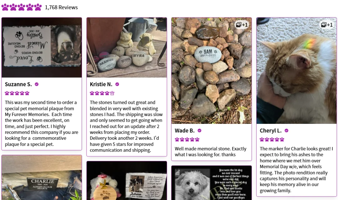 Customer review examples for personalized pet memorial products