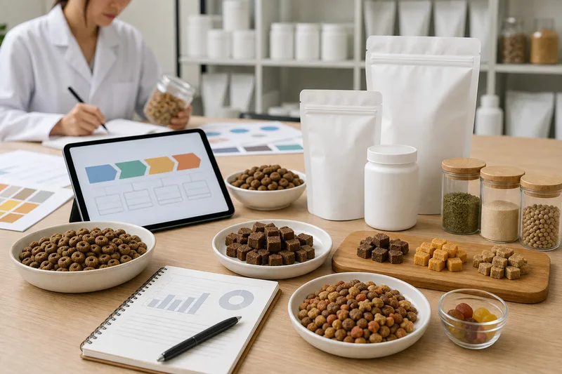 Pet food formula and product line planning with kibble treats supplements and ingredient samples