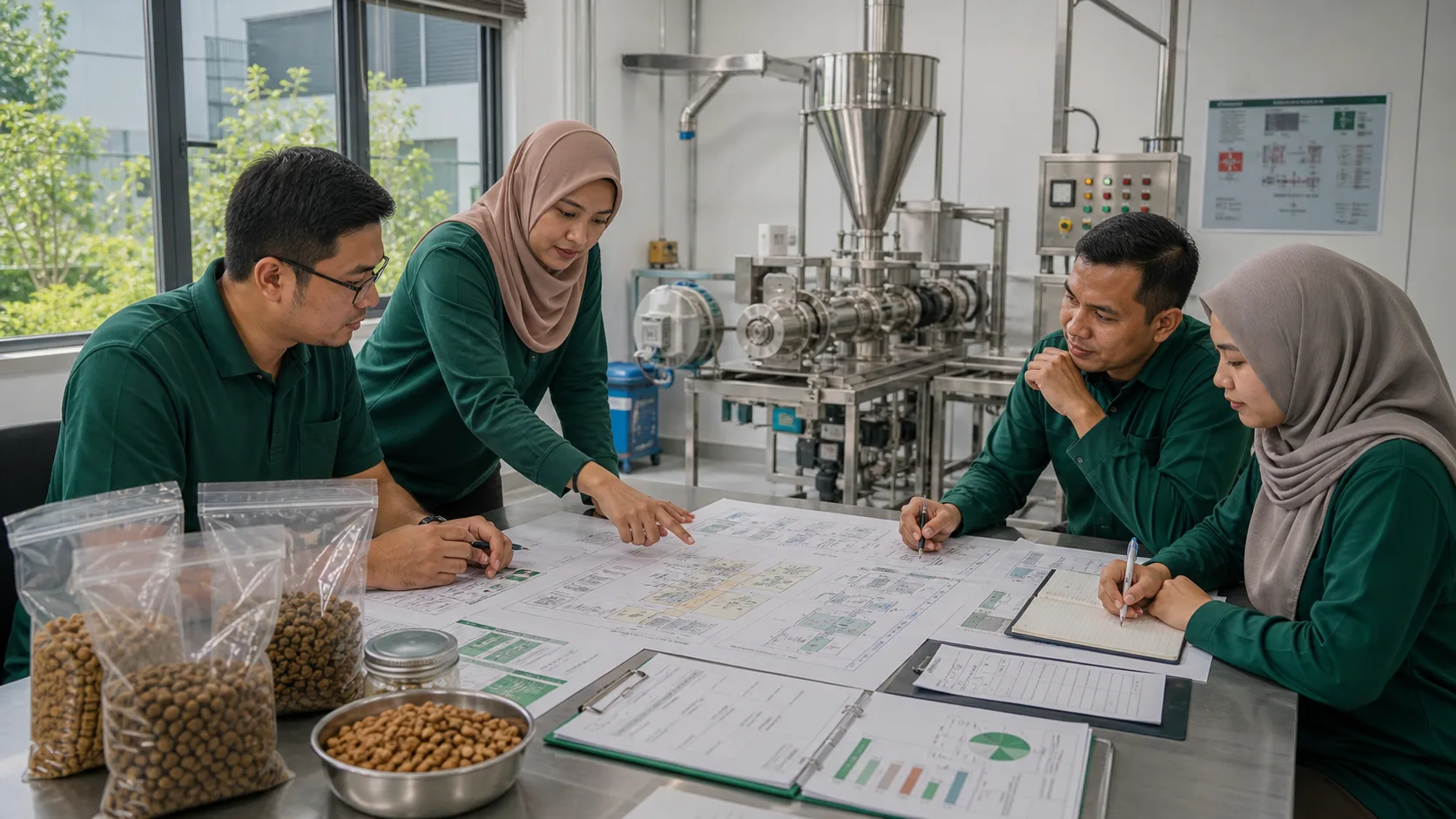 Quality control meeting in a pet food factory with kibble samples and production equipment