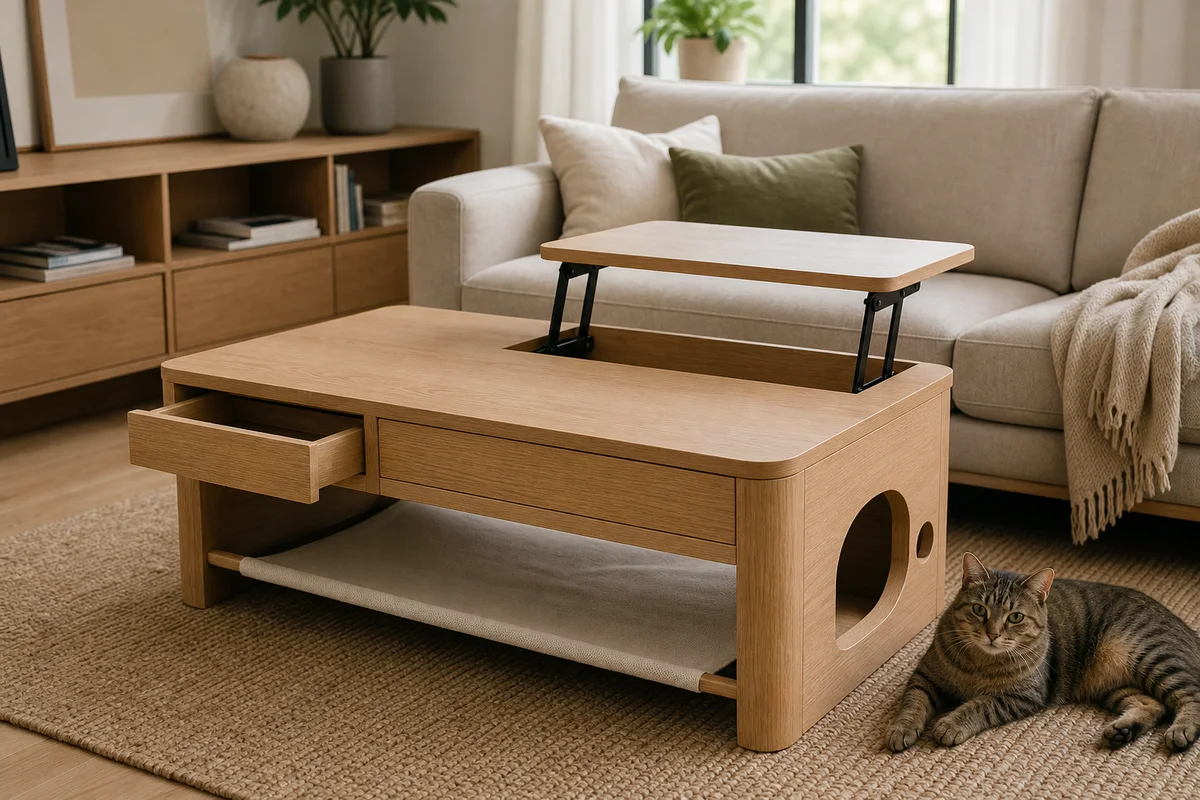 Custom cat furniture coffee table with an integrated cat lounge and pull-out tabletop