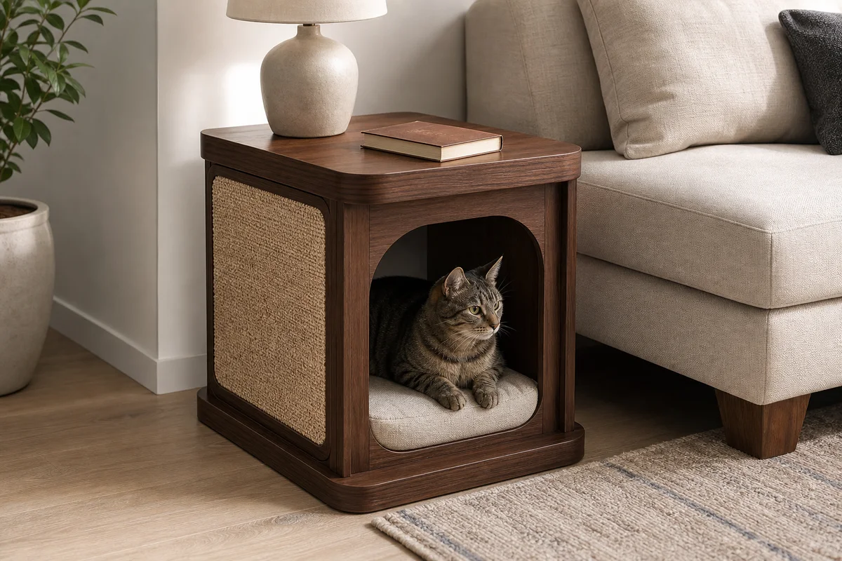 Custom cat side table pet house with a woven scratching panel and cushioned interior