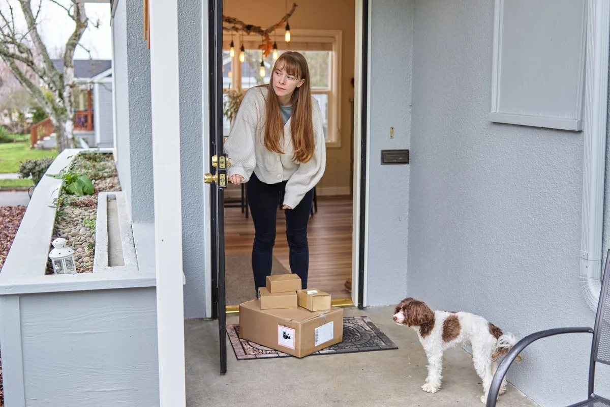 Dog watching a customer receive delivered parcels at home