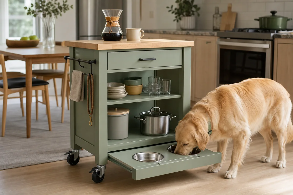 Mobile dog feeding station with pet food storage, built-in bowls and kitchen-friendly cabinet design