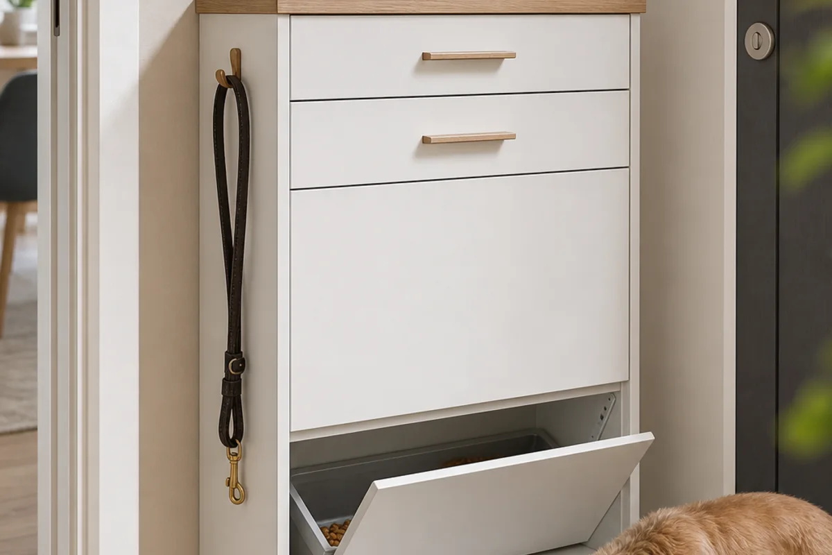 Pet food storage cabinet with a pull-out feeding drawer for a dog-friendly kitchen