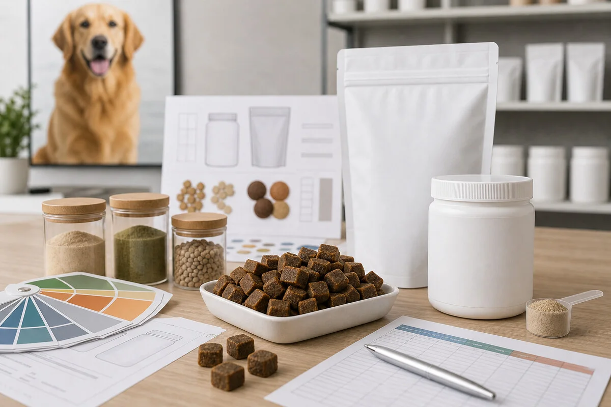 Private label pet supplement samples and packaging used for MOQ and SKU planning