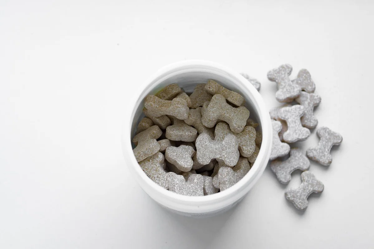 Dog treats in a simple white container for product specification review