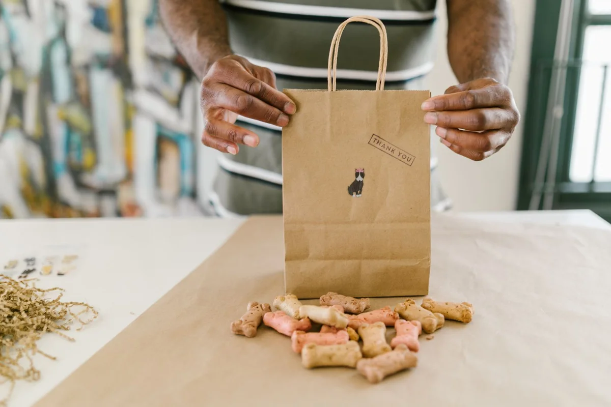 Pet treats beside a simple paper bag during packaging review